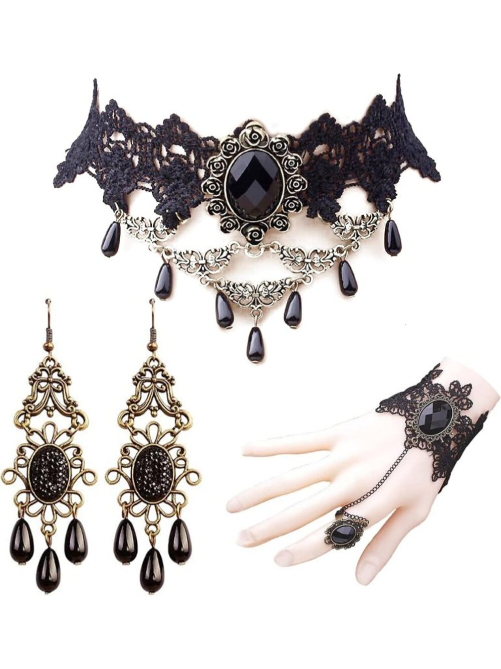 Women's Black Choker Witch Necklace Halloween Black Hand Chain Ring Bracelet